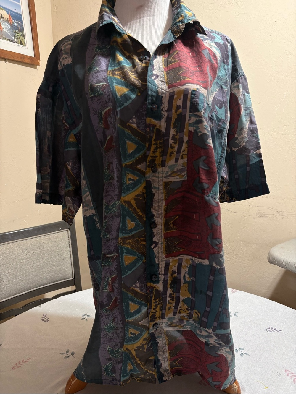 Vintage Multicolor Abstract Button-Up Shirt — Teal, Burgundy, Mustard 100% Silk